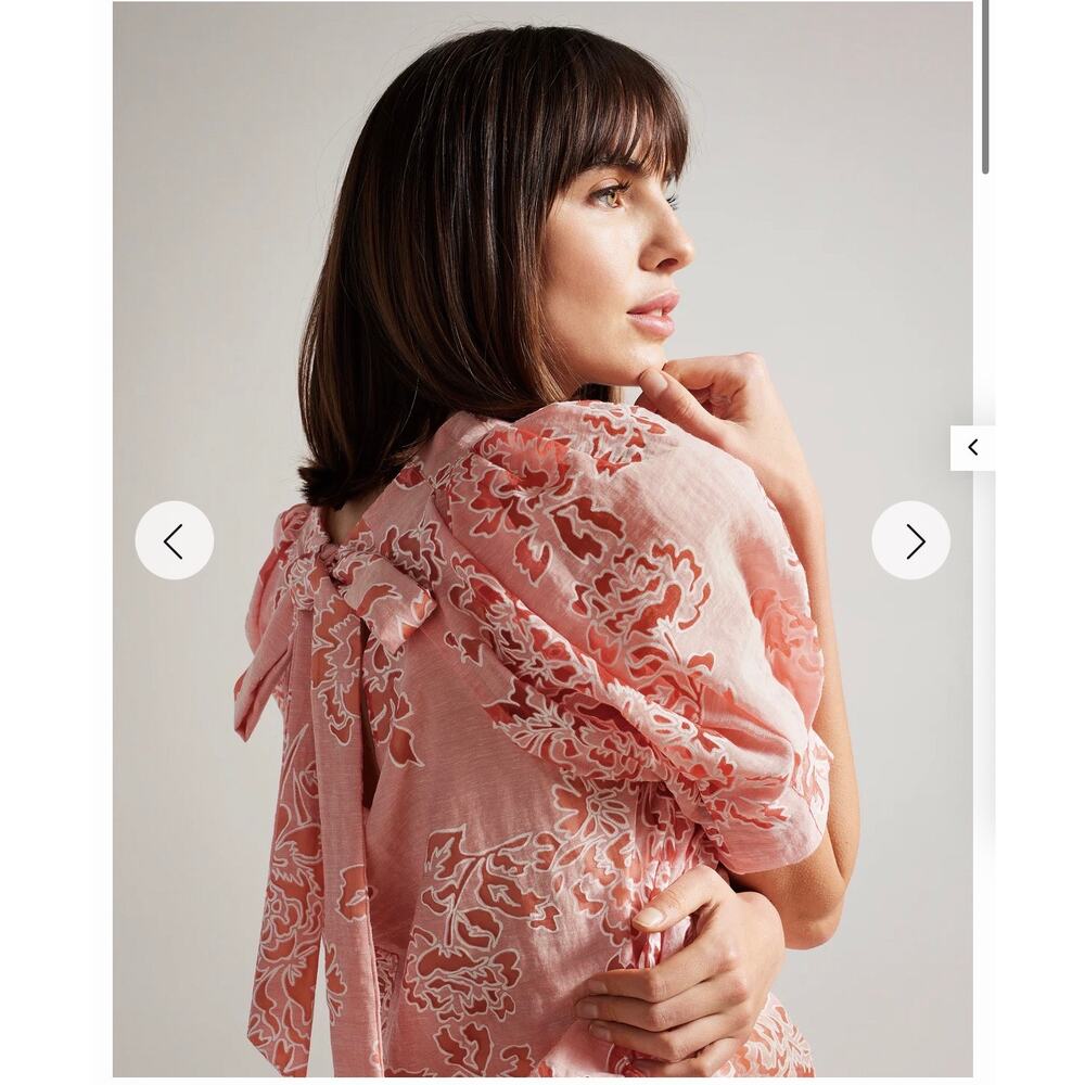 Ted Baker Meliha Coral Puff Sleeve Boxy Top Cutout Floral Embroidery Size Large